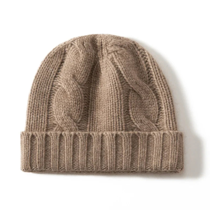 Women's Chunky Cable Cashmere Beanie with Ribbed Cuff in Camel