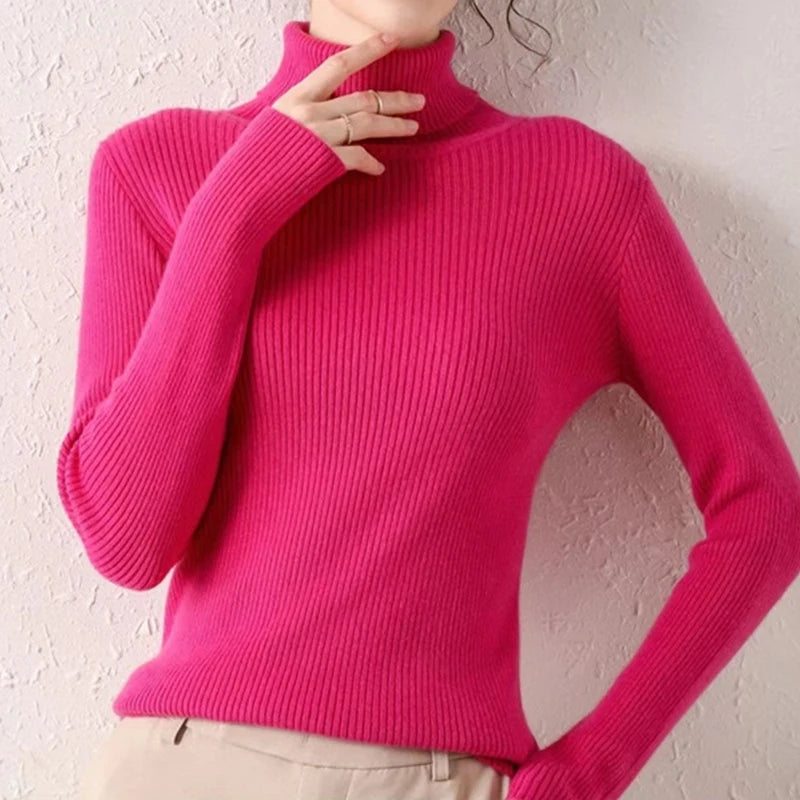 Women's Slim-Fit Brushed Knit Turtleneck Sweater in Rose