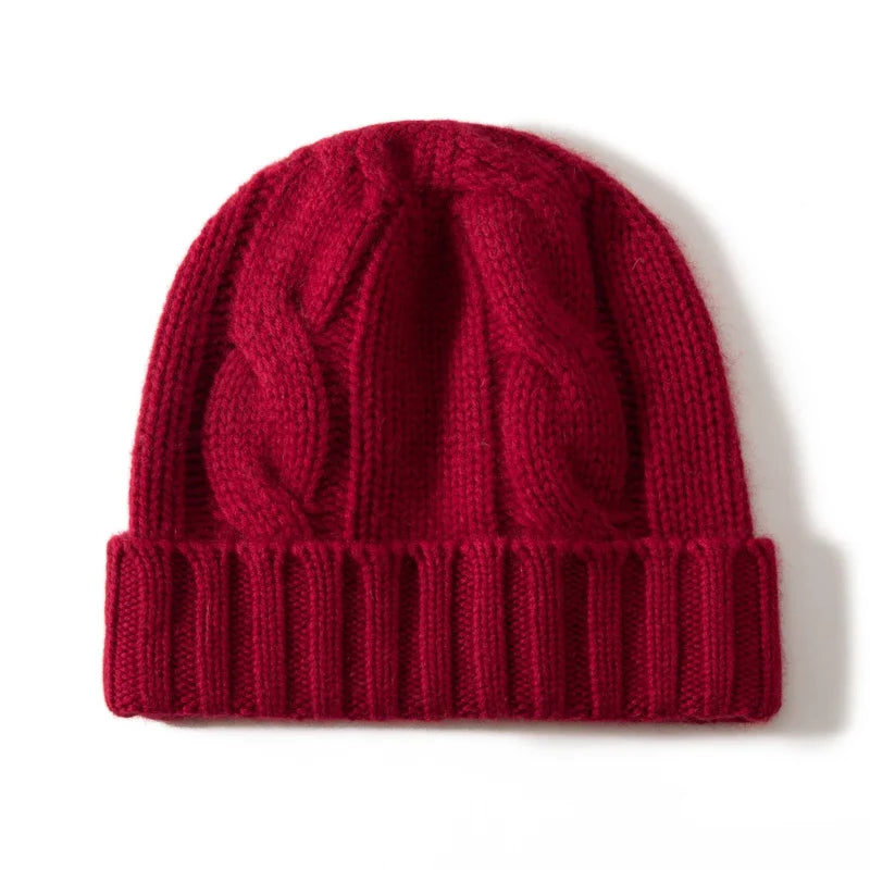 Women's Chunky Cable Cashmere Beanie with Ribbed Cuff in Red