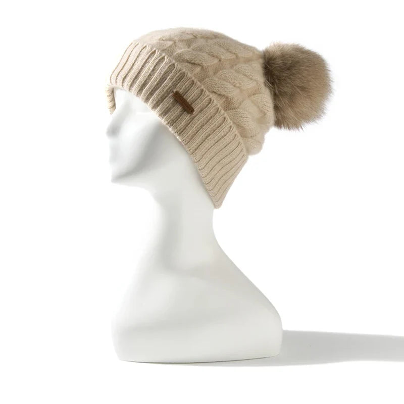 Women's Hand-Knit Cashmere Cable Beanie with Pom-Pom, view 9