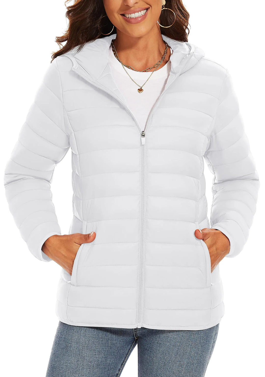 Women's Hooded Puffer Jacket, Lightweight Quilted Padded Windbreaker Coat