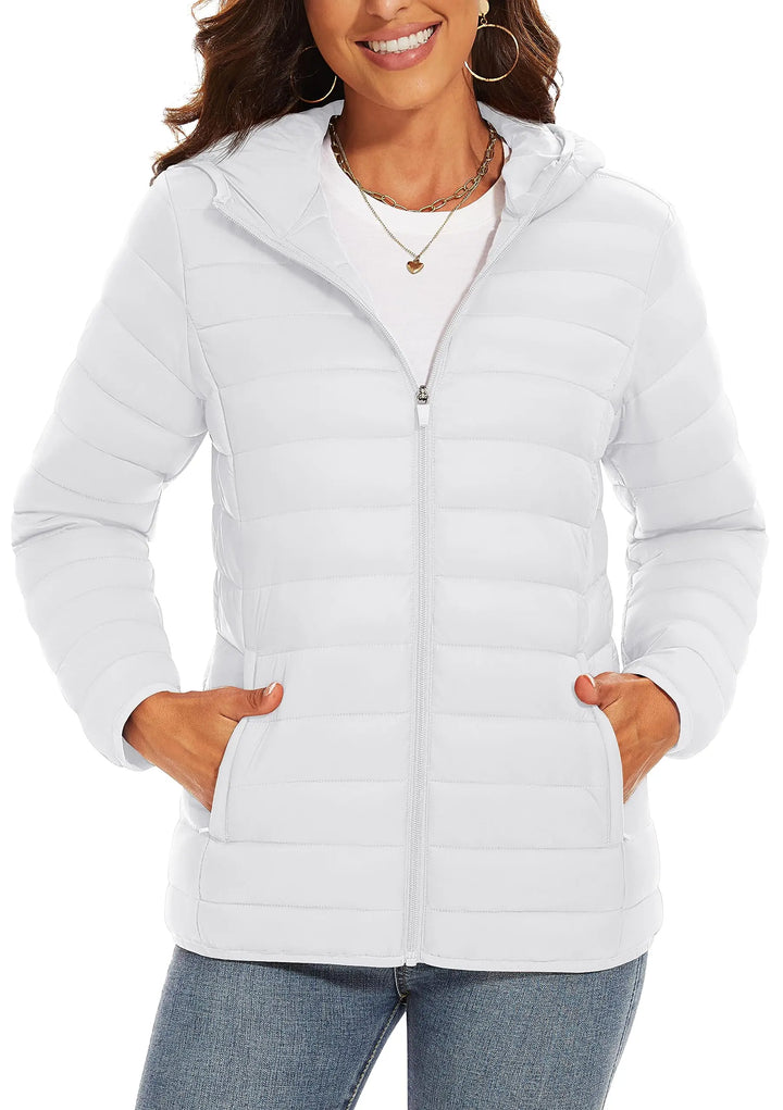 Women's Hooded Puffer Jacket, Lightweight Quilted Padded Windbreaker Coat