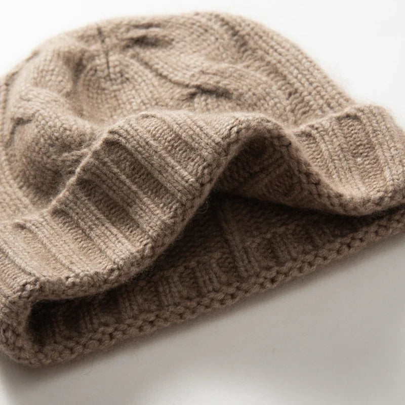 Women's Chunky Cable Cashmere Beanie with Ribbed Cuff, view 6