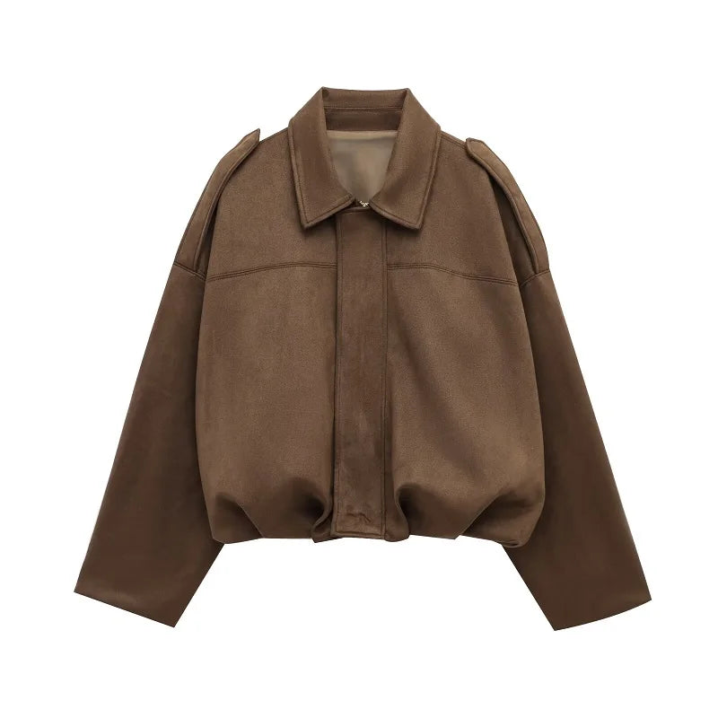 Women's Bomber Jacket, Faux Suede Zip Up Oversized Varsity Coat