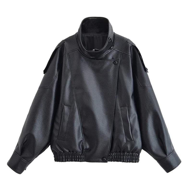 Women's Pebble-Grain Faux Leather Moto Jacket in Black
