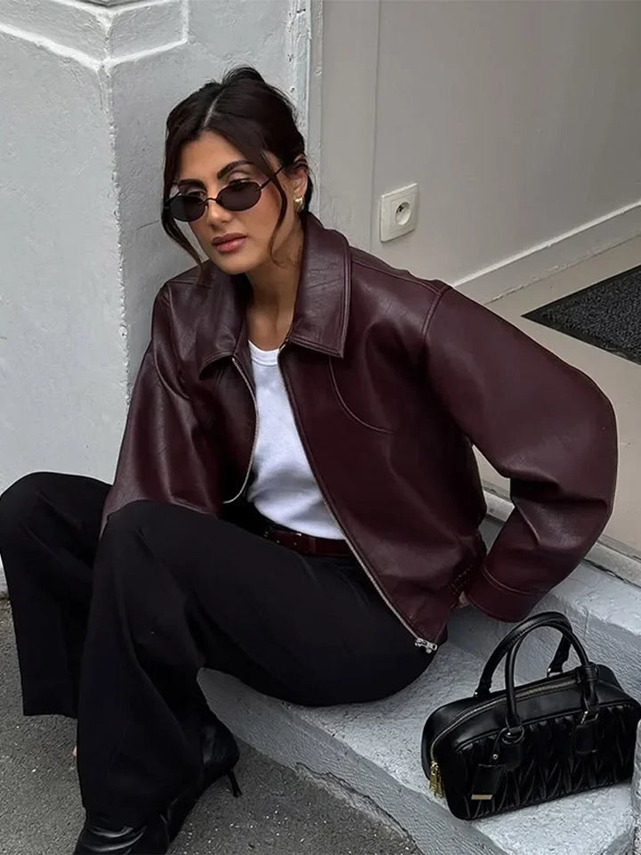 Women's Faux Leather Jacket, Wine Red Lapel Zip Up Short Coat
