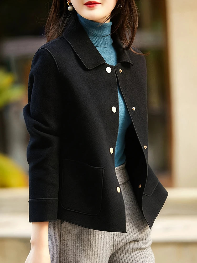 Women's Short Wool Blend Coat, Button Up Warm Winter Overcoat Plus Size