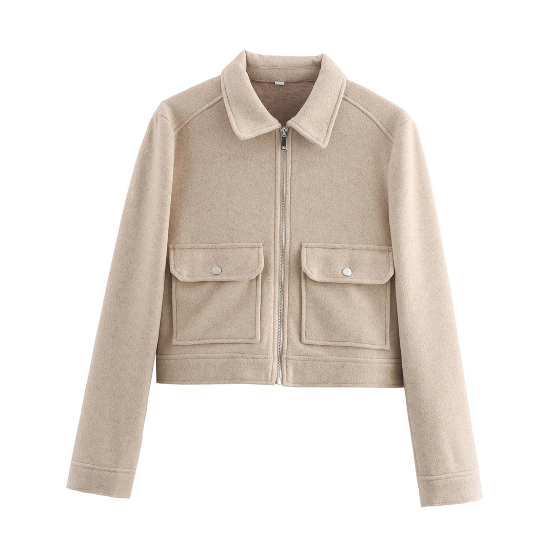 Women's Short Zip Up Jacket, Winter Pocket Coat Elegant Outerwear
