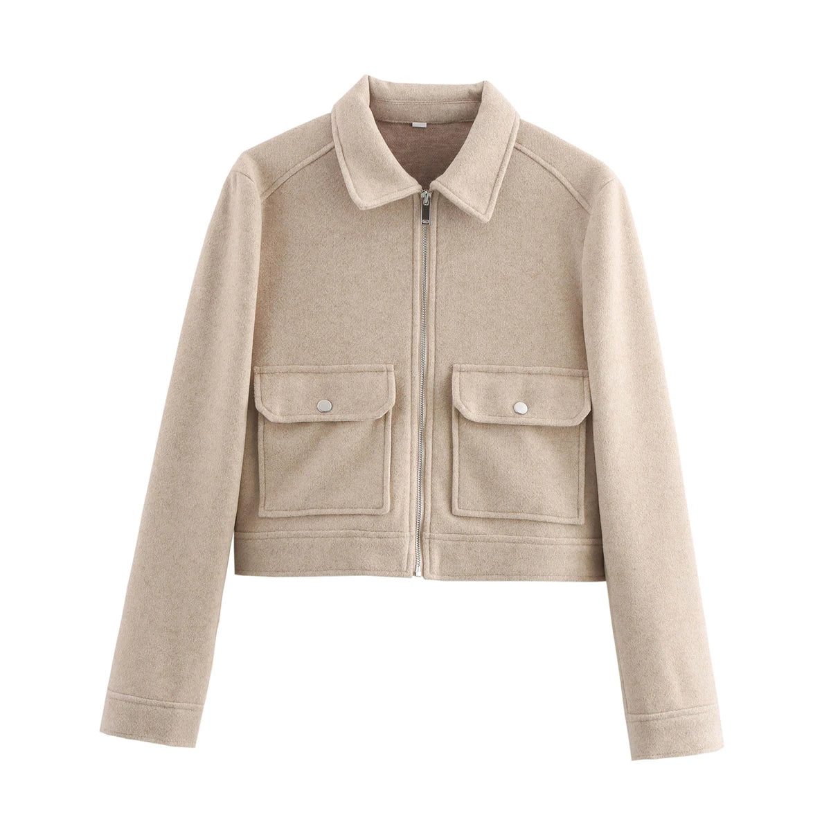 Women's Short Zip-Up Jacket with Side Pockets in Khaki