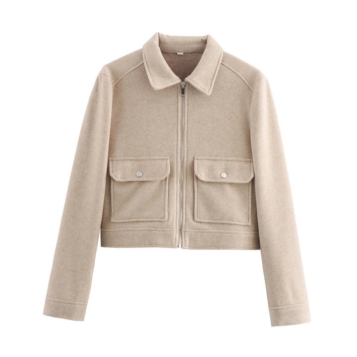 Women's Short Zip Up Jacket, Winter Pocket Coat Elegant Outerwear