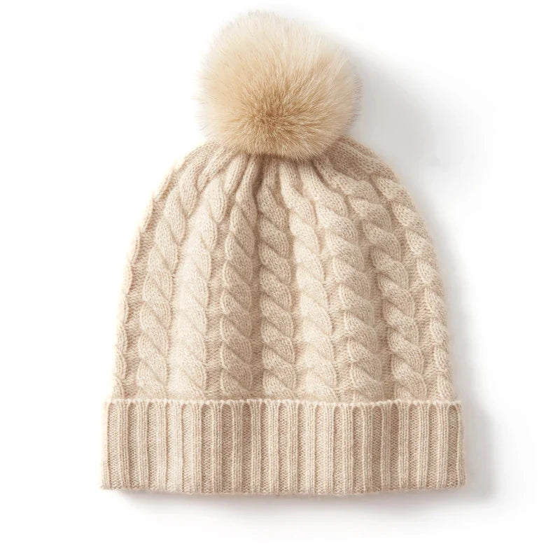 Women's Soft Knit Cashmere Beanie with Pom-Pom in Khaki