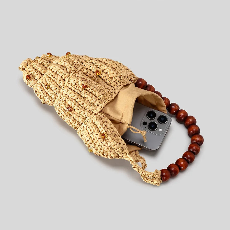 Women's Beige Woven Shell Bag with Wooden Bead Handle, view 3