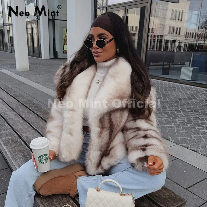Women's Striped Faux Fur Jacket, Fluffy Collar Warm Winter Coat