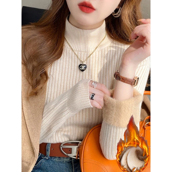 Women's Turtleneck Sweater, Fleece Lined Thermal Knit Base Layer Top