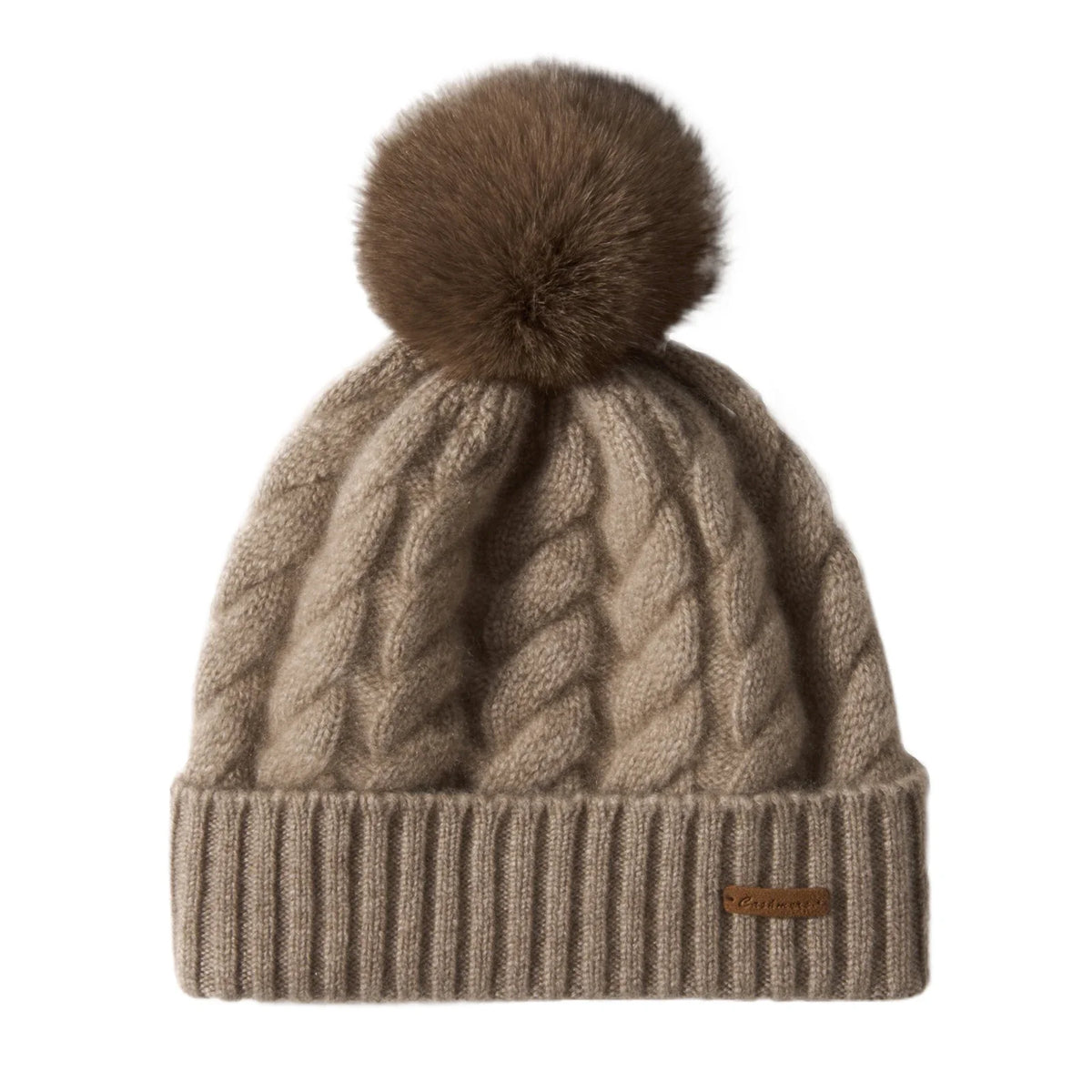 Women's Hand-Knit Cashmere Cable Beanie with Pom-Pom in Brown