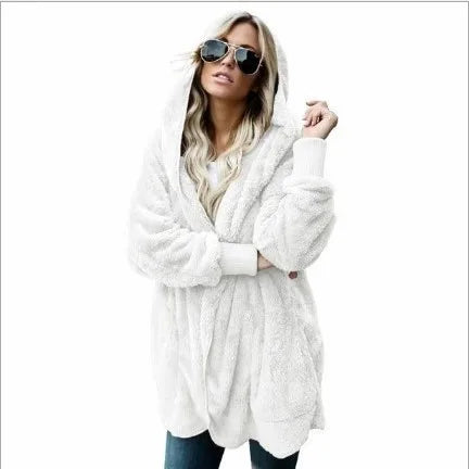 Women's Fleece Jacket, Oversized Hooded Sherpa Cardigan Coat
