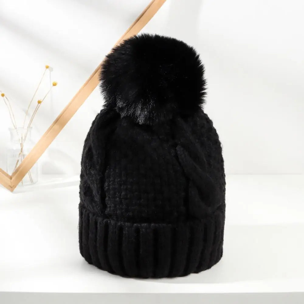 Women's Thick Knit Cotton Beanie with Ear Flaps in Black