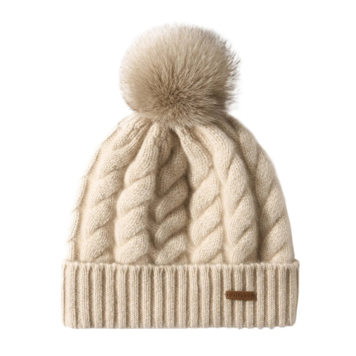 Women's Hand-Knit Cashmere Cable Beanie with Pom-Pom in Beige