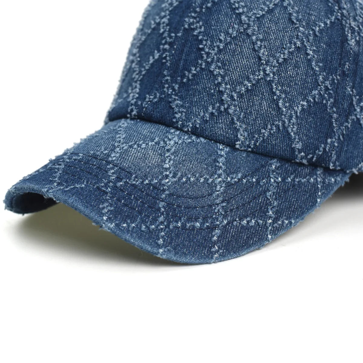 Women's Quilted Denim Baseball Cap with Frayed Edges, view 10