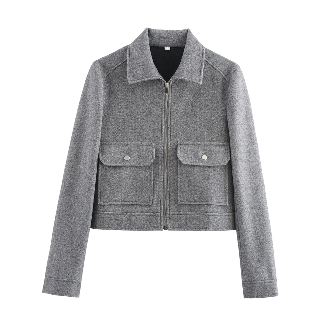Women's Short Zip Up Jacket, Winter Pocket Coat Elegant Outerwear