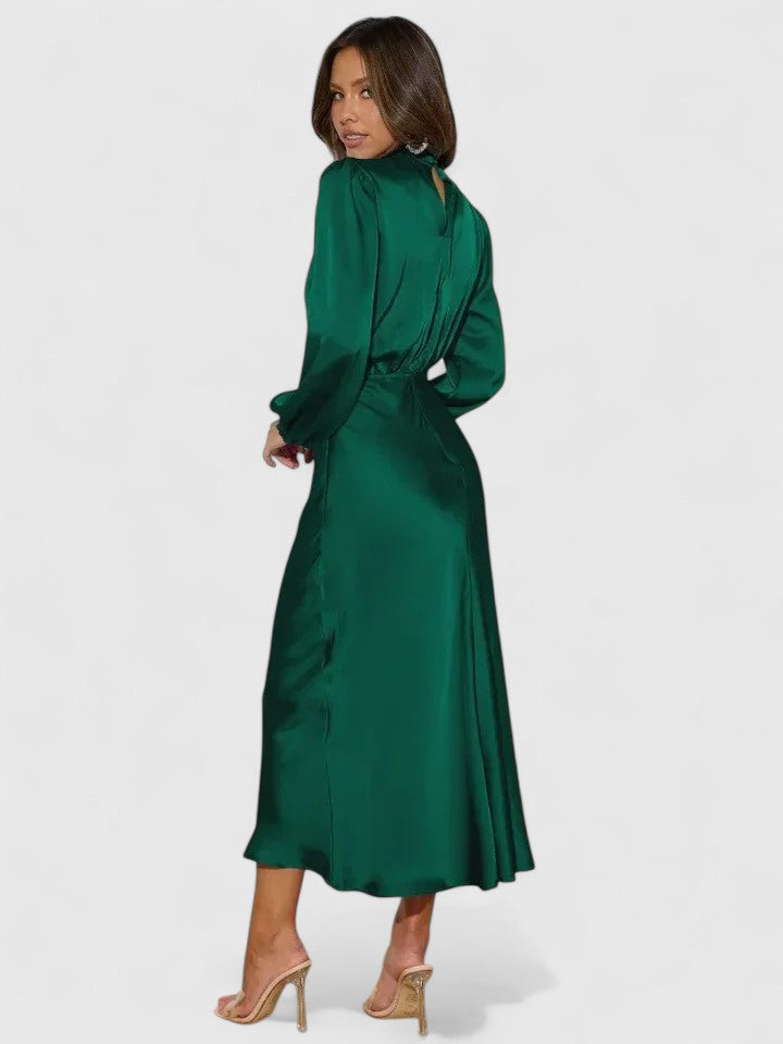 Women's High Neck A-Line Maxi Dress with Lantern Sleeves, view 2