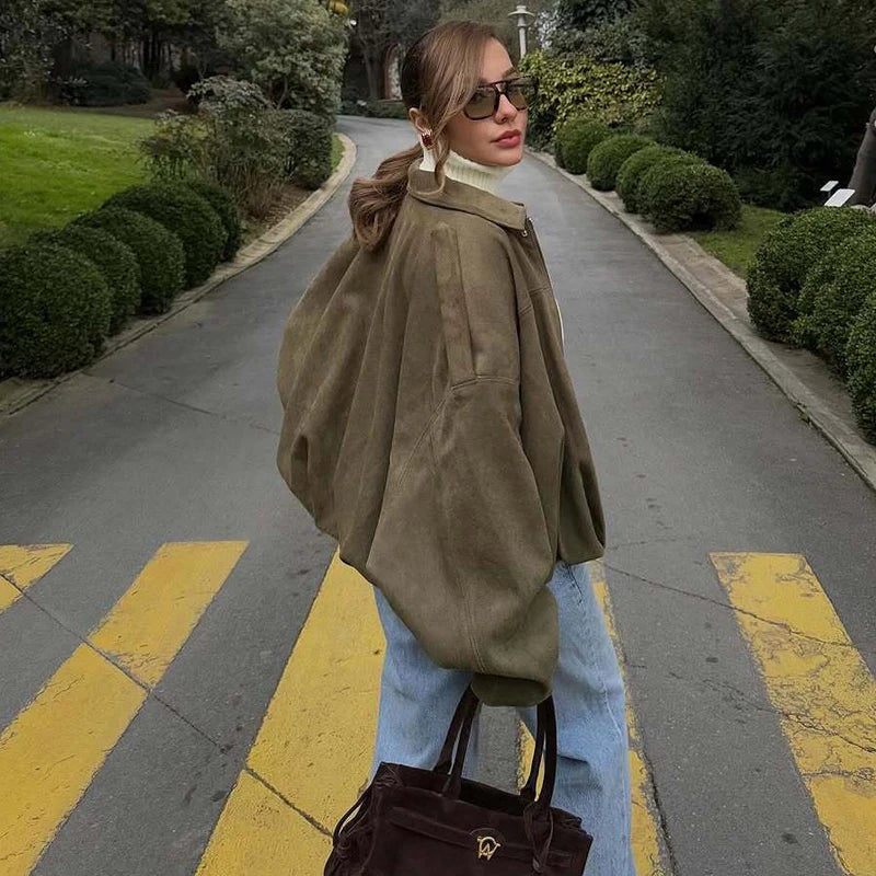 Women's Bomber Jacket, Faux Suede Zip Up Oversized Varsity Coat