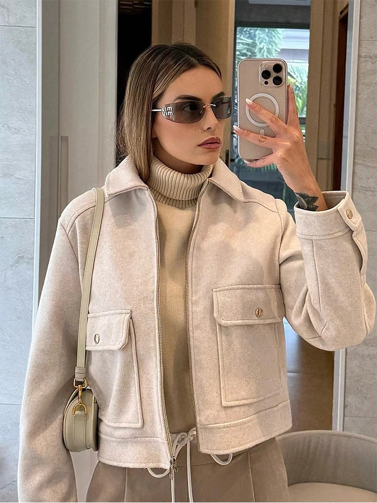 Women's Short Zip Up Jacket, Winter Pocket Coat Elegant Outerwear