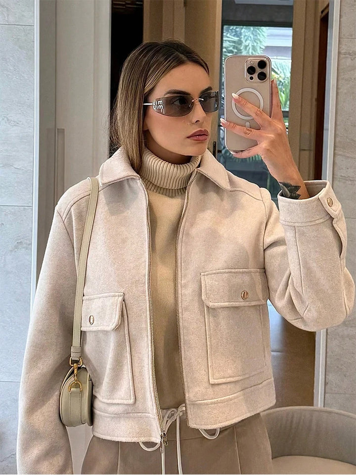 Women's Short Zip Up Jacket, Winter Pocket Coat Elegant Outerwear