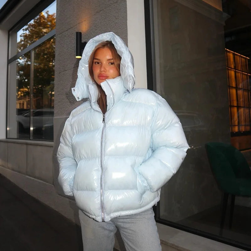 Women's Cropped Puffer Jacket, Glossy Hooded Zip Up Short Winter Coat