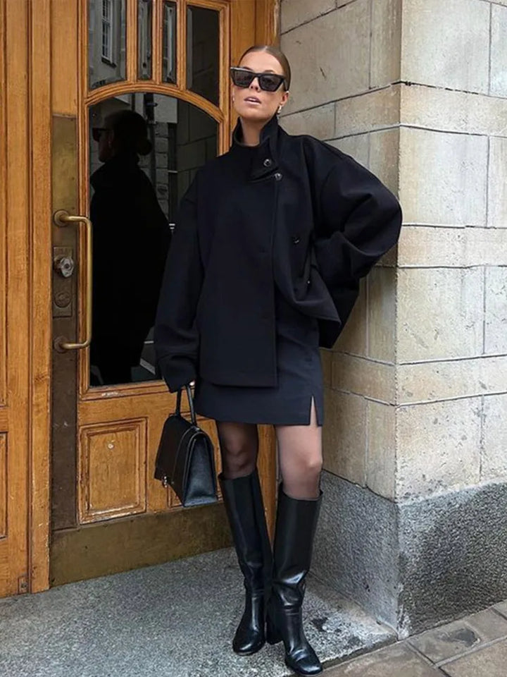 Women's Stand Collar Coat, Single Breasted Short Wool Blend Work Jacket
