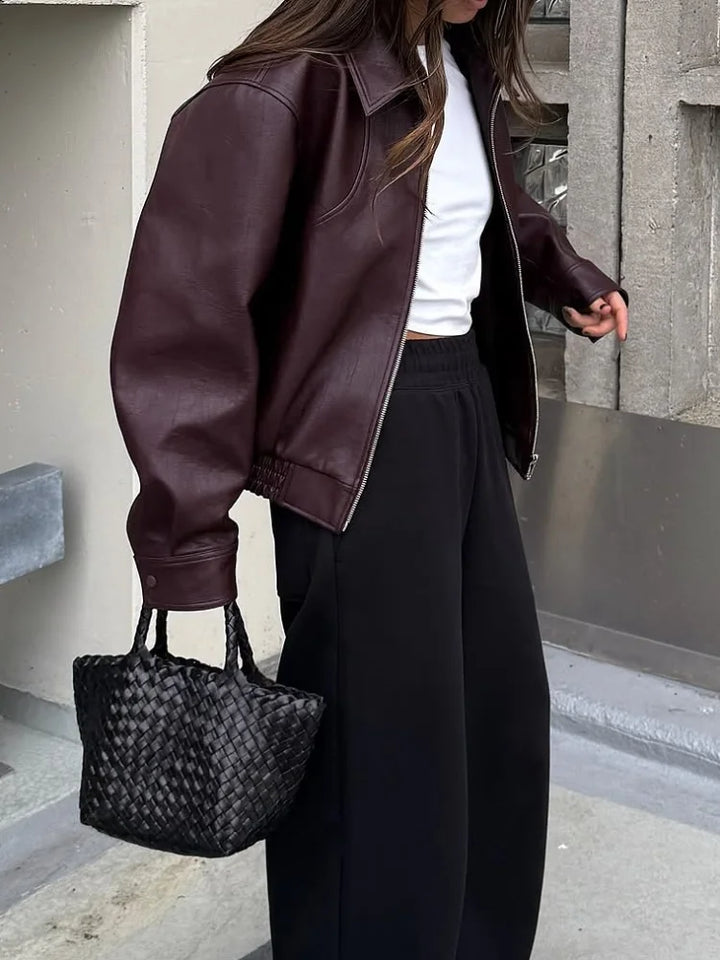 Women's Faux Leather Jacket, Wine Red Lapel Zip Up Short Coat