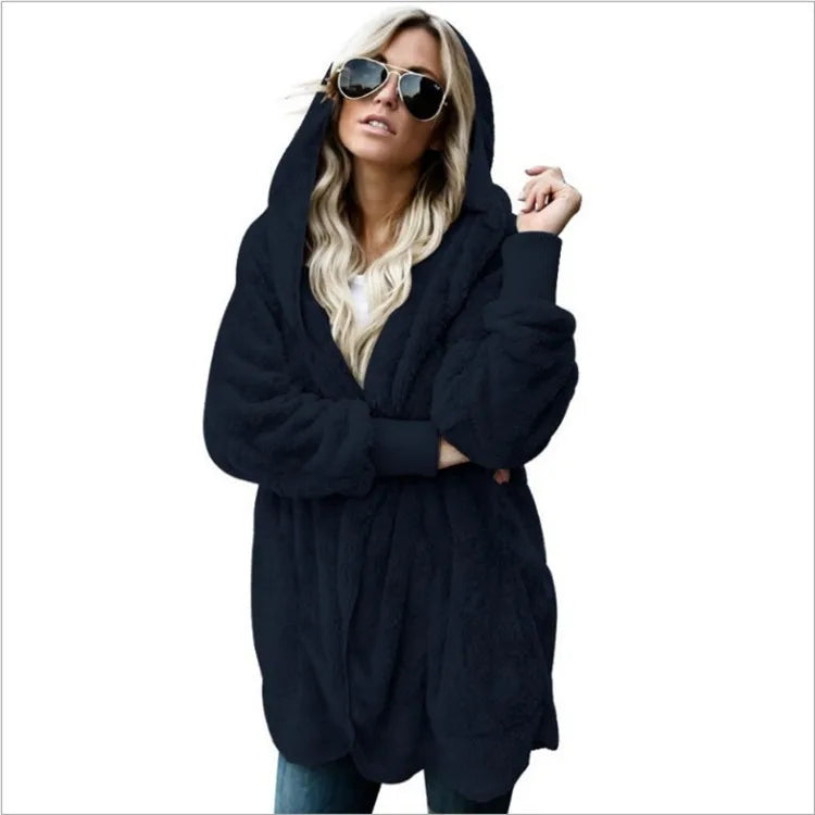 Women's Fleece Jacket, Oversized Hooded Sherpa Cardigan Coat