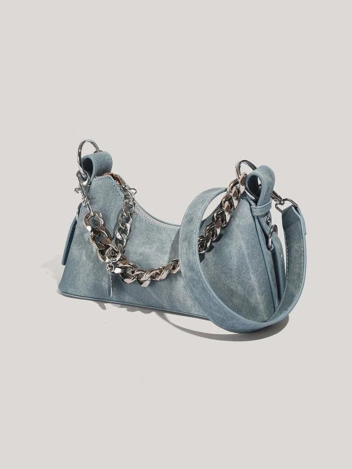 Women's Denim Shoulder Bag with Chunky Chain Strap, view 4