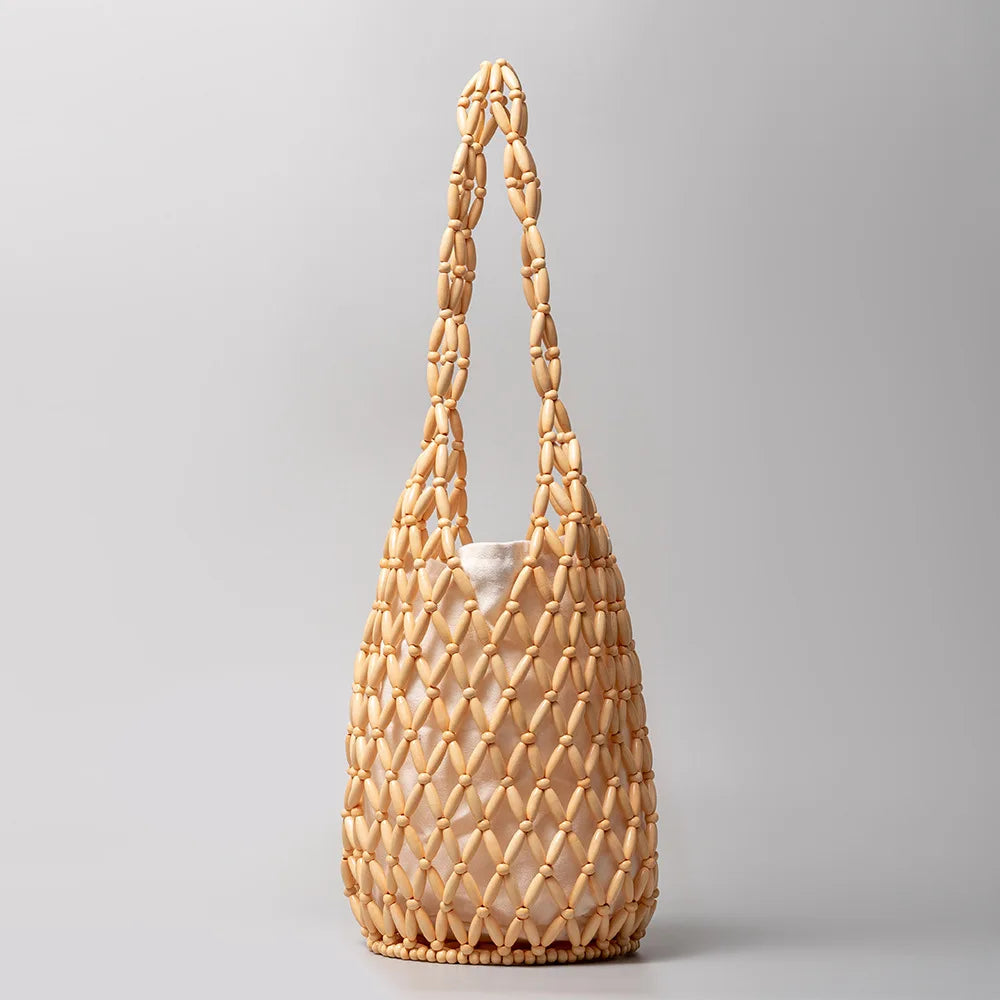 Women's Netted Woven Beach Tote with Wooden Beads in Beige
