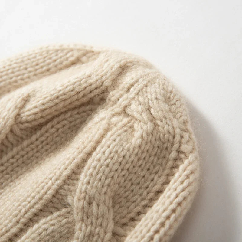Women's Chunky Cable Cashmere Beanie with Ribbed Cuff, view 9
