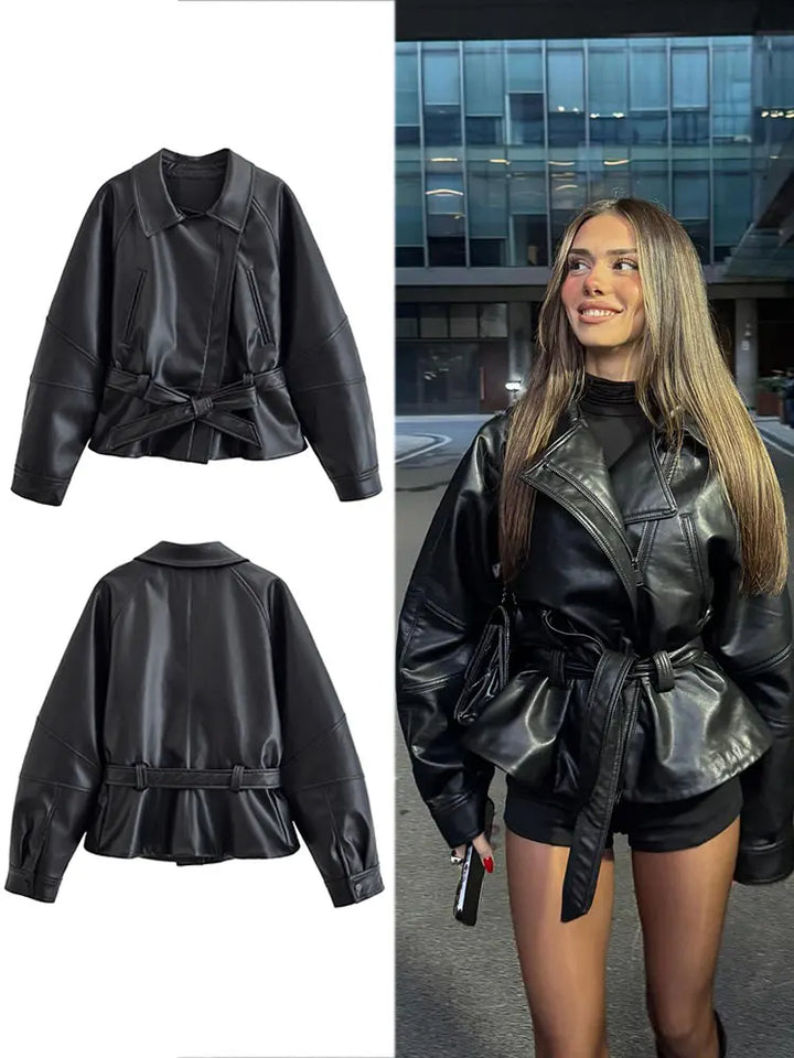 Women's Faux Leather Trench Coat, Belted Lapel Vintage Moto Jacket