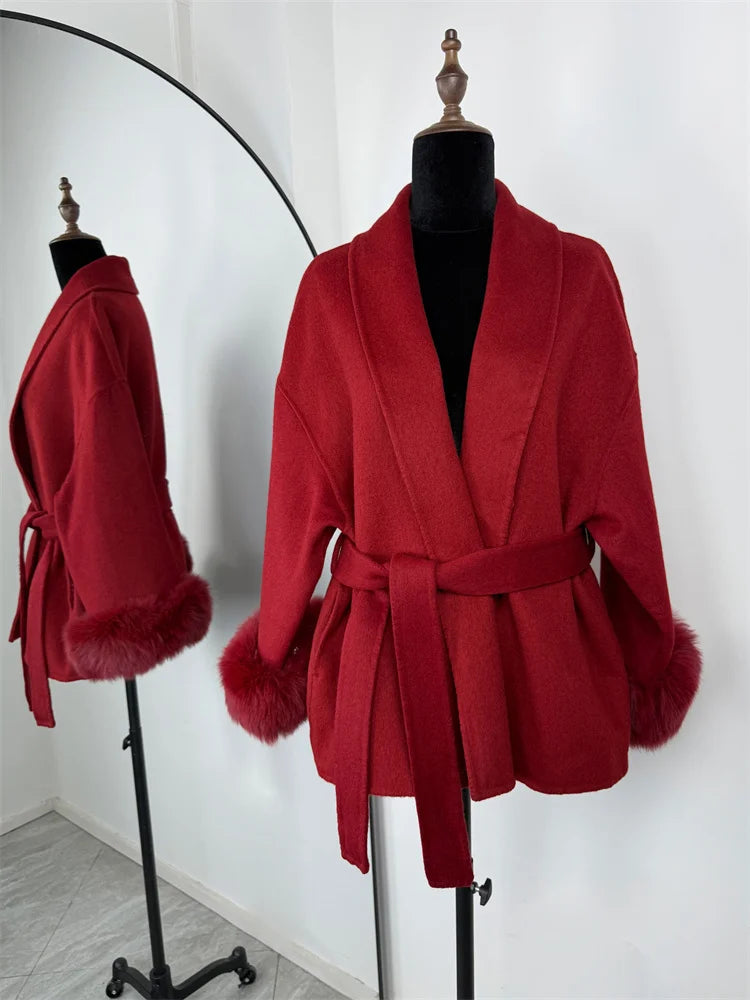 Women's Wool Coat, Double Sided Short Overcoat with Collar Detail