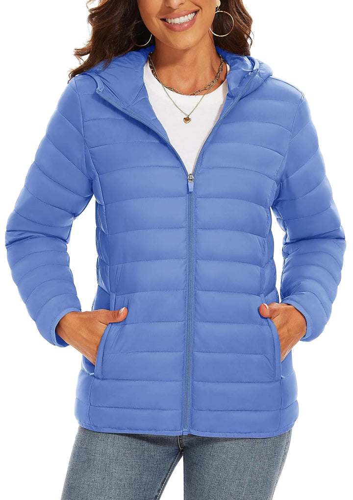 Women's Hooded Puffer Jacket, Lightweight Quilted Padded Windbreaker Coat