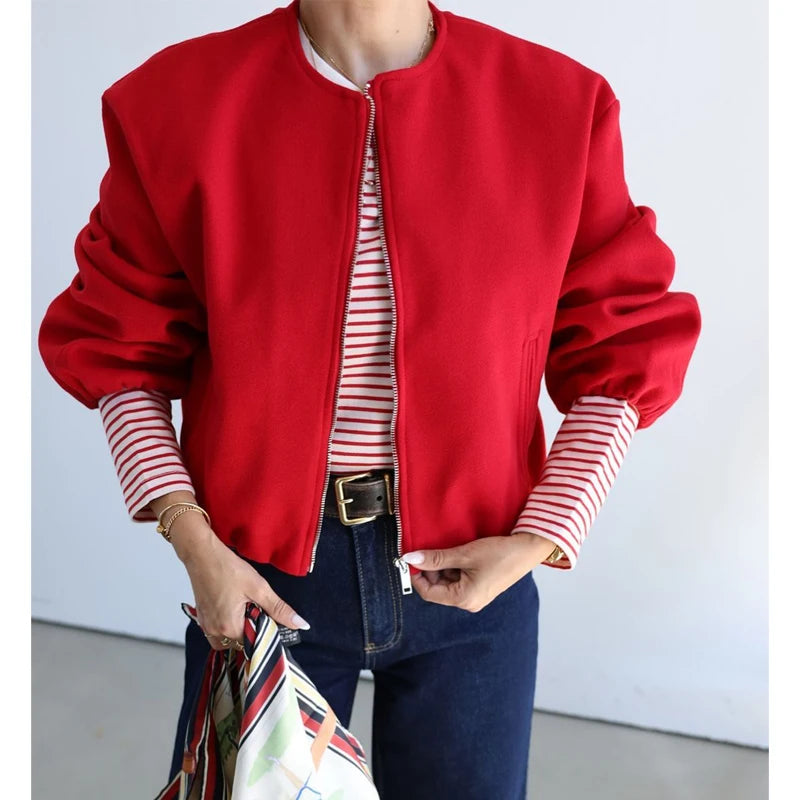 Women's Cropped Lightweight Zip-Up Bomber Jacket, view 3