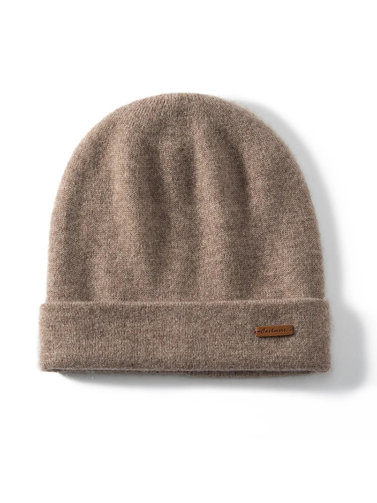 Double-Layer Cashmere Knit Winter Beanie in Camel