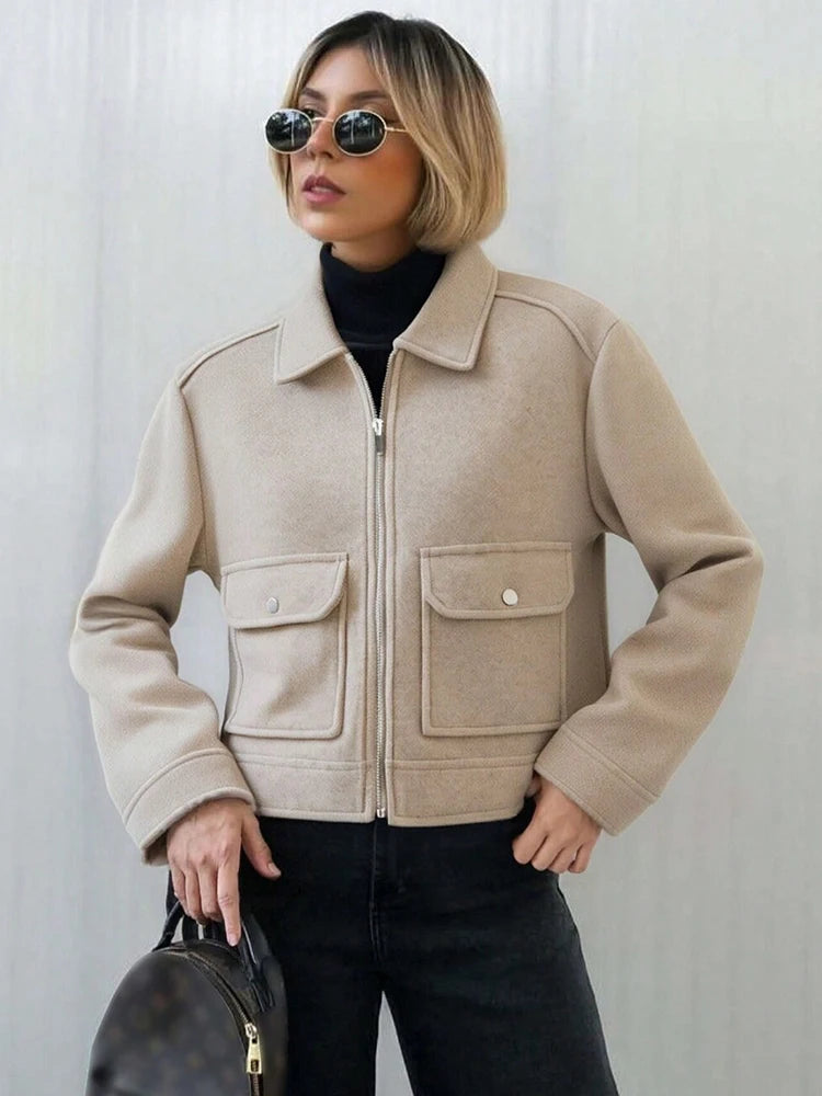 Women's Short Zip Up Jacket, Winter Pocket Coat Elegant Outerwear