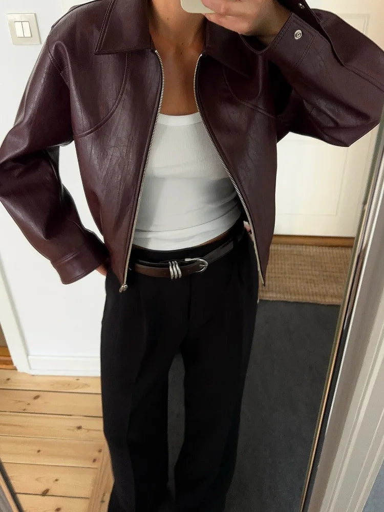 Women's Faux Leather Jacket, Wine Red Lapel Zip Up Short Coat