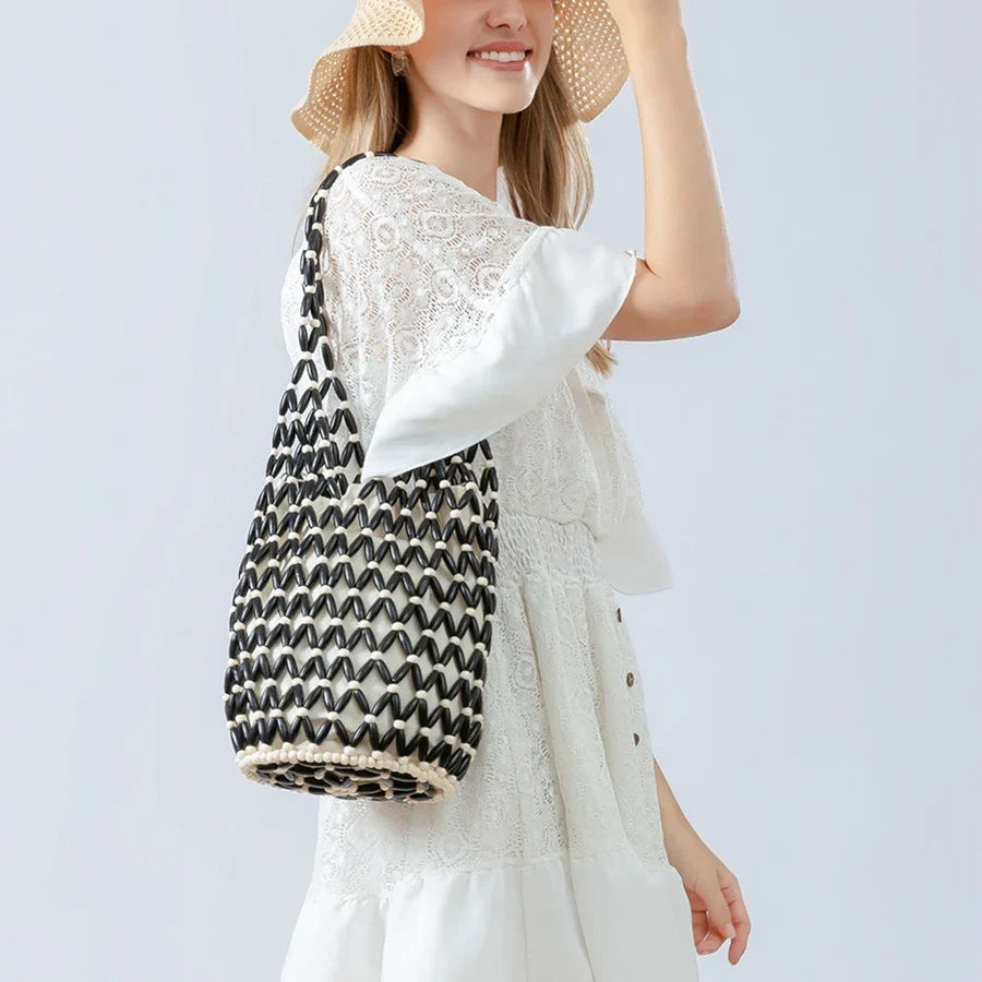 Women's Netted Woven Beach Tote with Wooden Beads