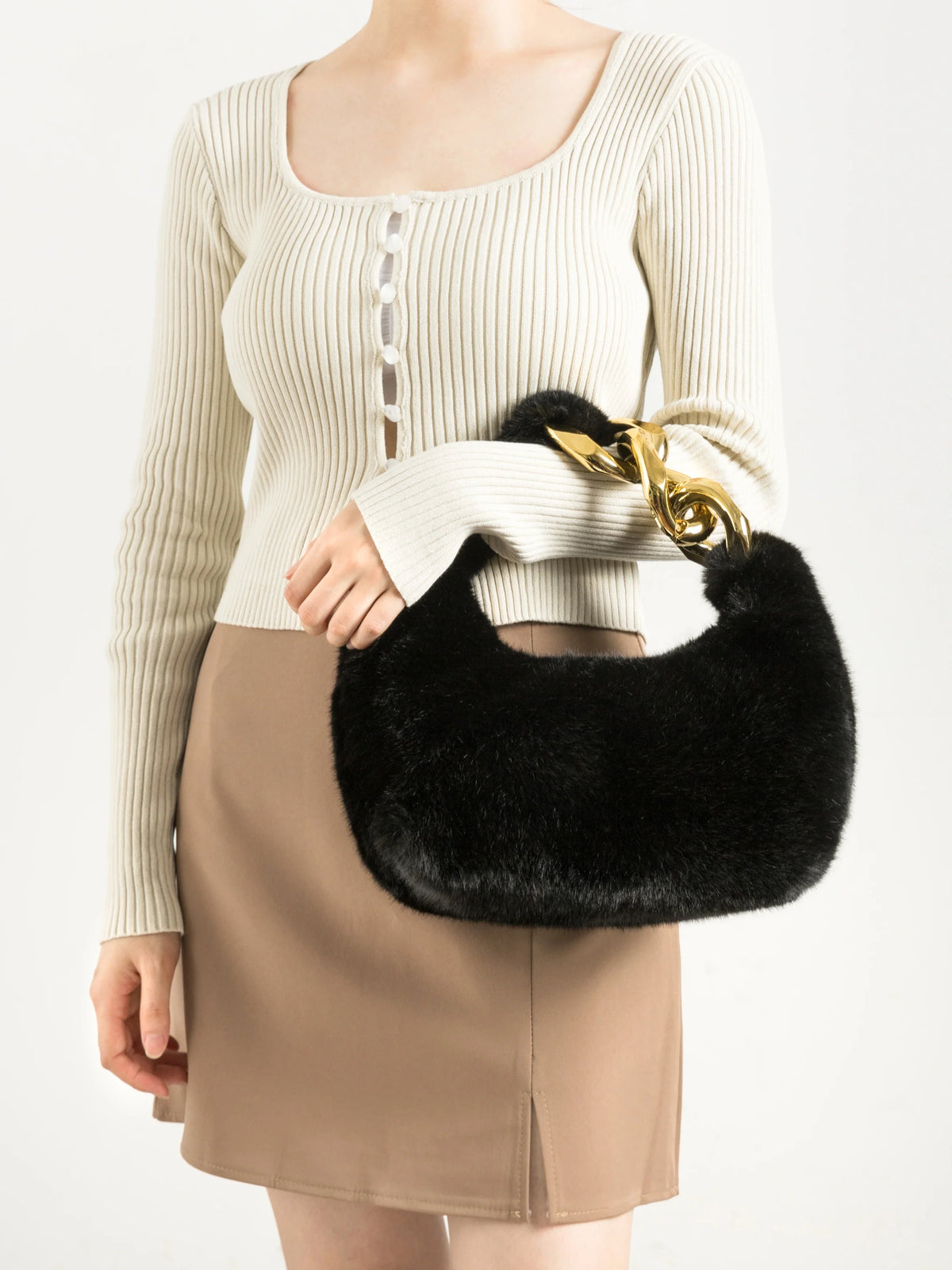 Women's Faux Fur Crescent Shoulder Bag with Chain Strap in Black