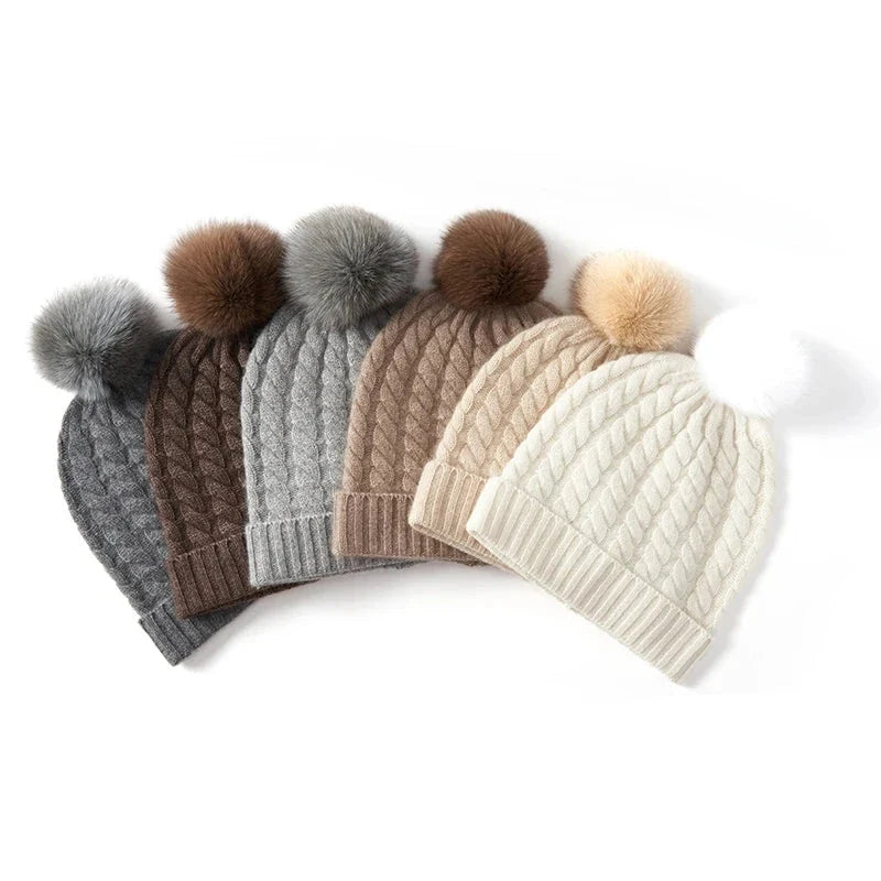 Women's Soft Knit Cashmere Beanie with Pom-Pom