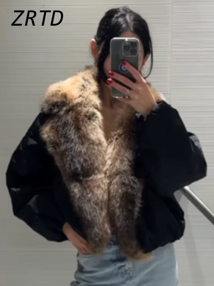 Women's Faux Fur Coat, Cropped Patchwork Lapel Warm Winter Jacket