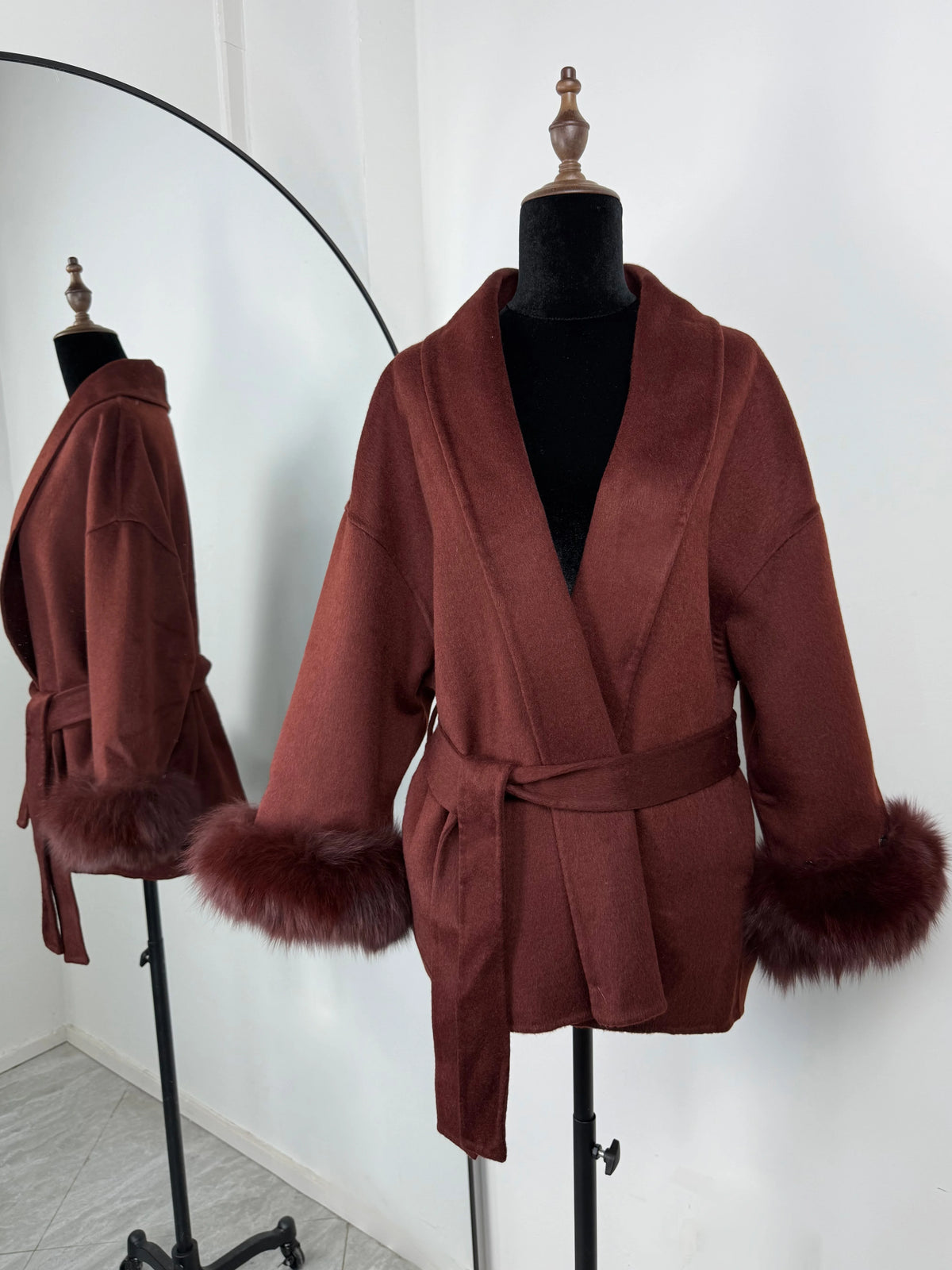 Women's Double-Sided Wool Blend Coat with Removable Plush Collar in Brick Red
