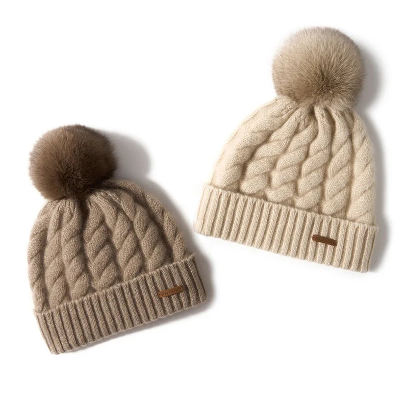 Women's Hand-Knit Cashmere Cable Beanie with Pom-Pom, view 8