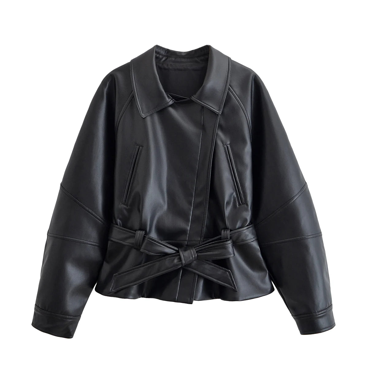 Women's Belted Faux Leather Short Trench Coat in Black