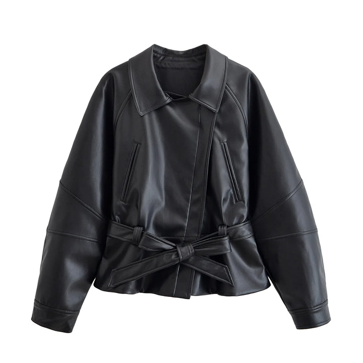 Women's Faux Leather Trench Coat, Belted Lapel Vintage Moto Jacket